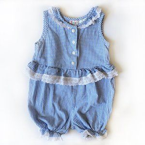 Vintage Gingham Blue and White Lace Jumpsuit 4T